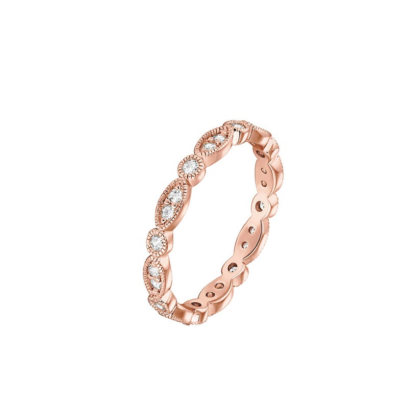 PAVOI 14K Rose Gold Plated Rings Cubic Zirconia Band | Round Milgrain Eternity Bands | Rose Gold Rings for Women Size 8 - Image 1
