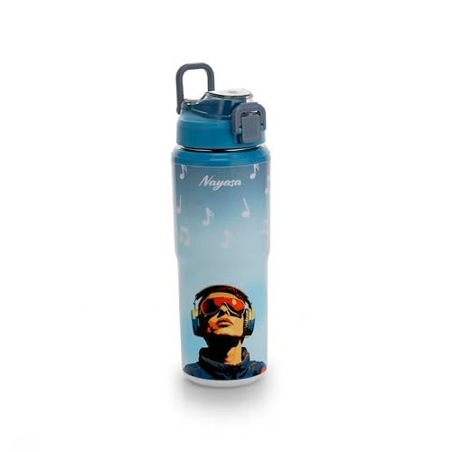 Nayasa Duo-Sip Water Bottle – 635ml | Music Theme | BPA-Free, Dual Drinking Modes | Leak-Proof Insulated Steel Inner | For School, Office, Gym & Travel | Blue - Image 1
