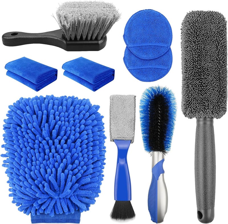 Preciva 9 Pcs Car Cleaning Kit - Preciva Detailing Kit with Tyre Hard Brush, Wheel Brushes, Coral Worm Gloves, Handkerchiefs, and Waxing Discs - Image 1