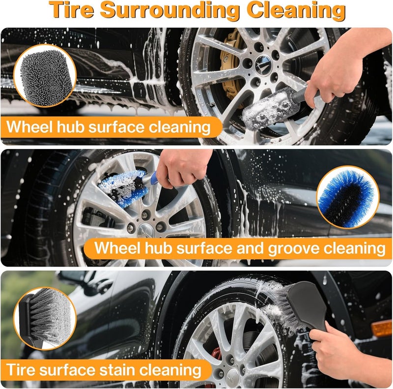 Preciva 9 Pcs Car Cleaning Kit - Preciva Detailing Kit with Tyre Hard Brush, Wheel Brushes, Coral Worm Gloves, Handkerchiefs, and Waxing Discs - Image 2
