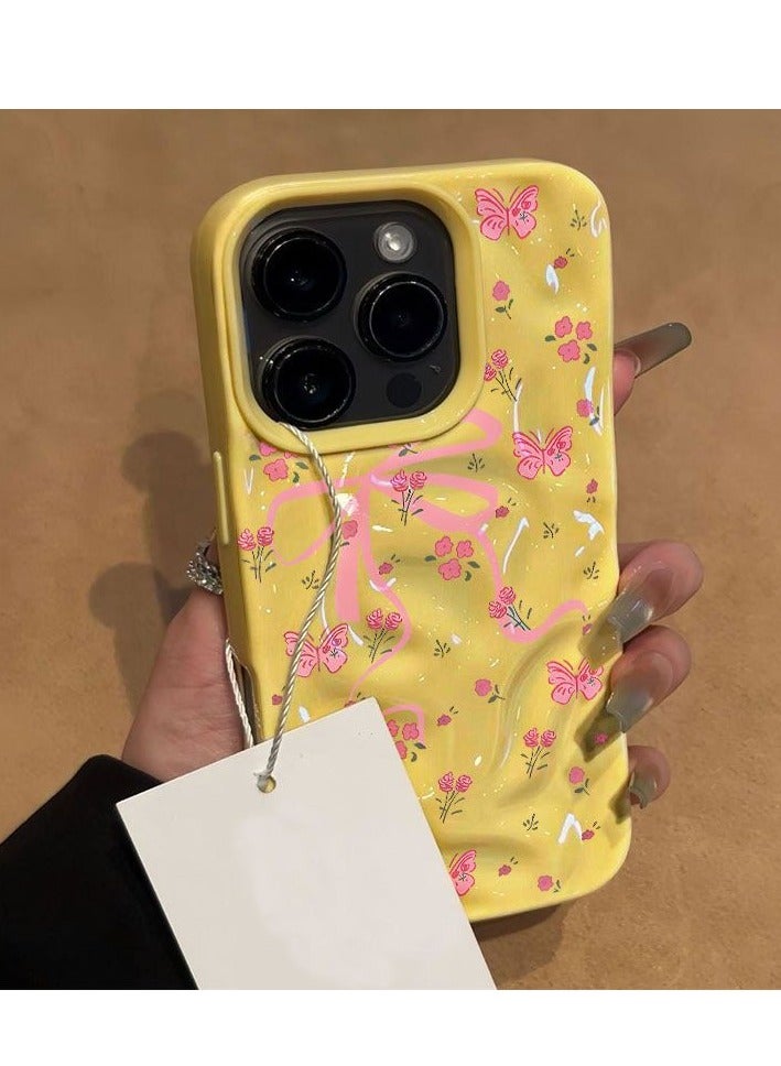 NIBEMINENT Pleated Bow Protective TPU Case Cover For IPhone 15 Pro, Yellow