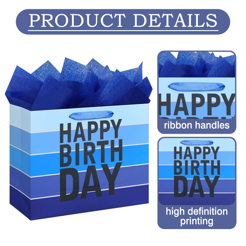 Laidans 13" Happy Birthday Gift Bag with Tissue Paper,Card and Handles for Men Boy Kid Birthday Party (Large Blue) - Image 4