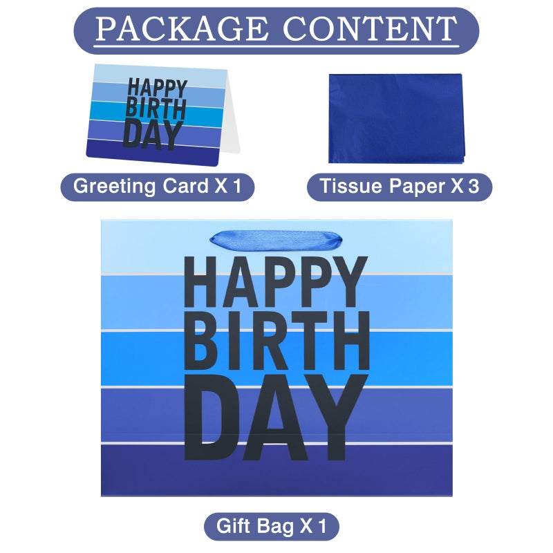 Laidans 13" Happy Birthday Gift Bag with Tissue Paper,Card and Handles for Men Boy Kid Birthday Party (Large Blue) - Image 3