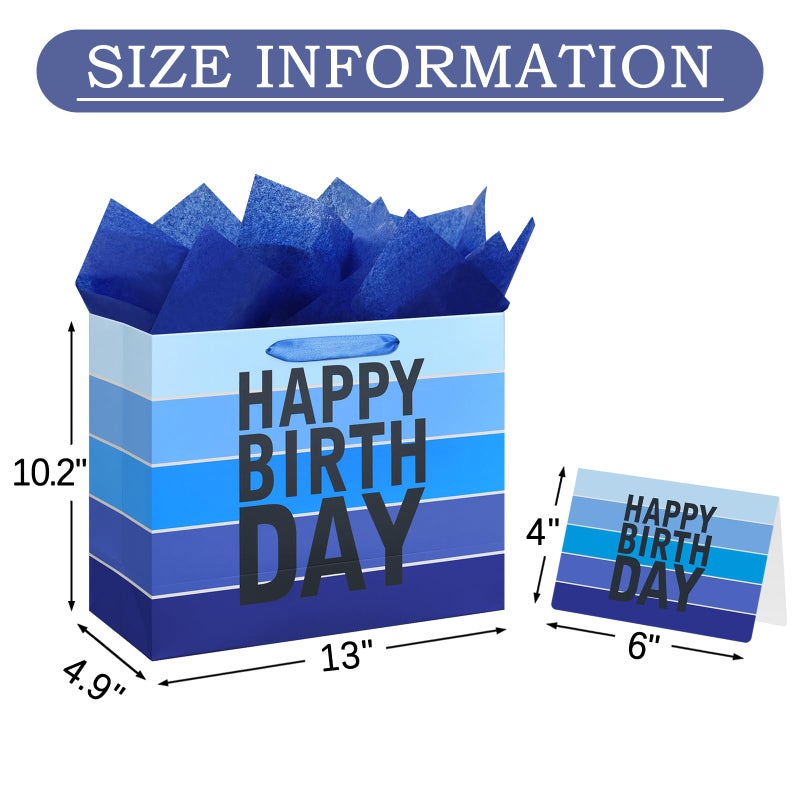 Laidans 13" Happy Birthday Gift Bag with Tissue Paper,Card and Handles for Men Boy Kid Birthday Party (Large Blue) - Image 2