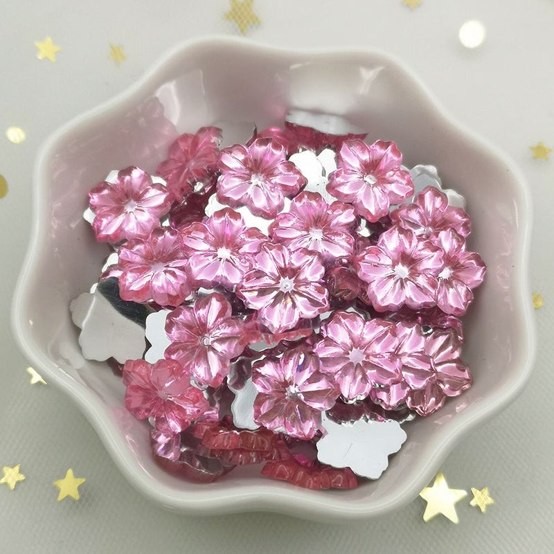 Pink 100pcs 1.3cm Flower Crystal Acrylic Rhinestone Flat Back Applique Beads - Image 3