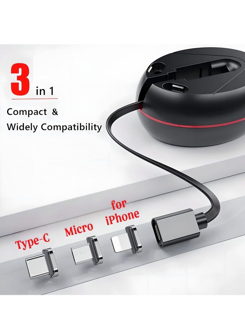 Excefore USB Charger Cable, 3 in 1 Retractable Magnetic Charging Cable, 3ft Multi Charging Cable for Travel, Compatible with USB Type C, Micro USB and iPhone Devices - Image 2