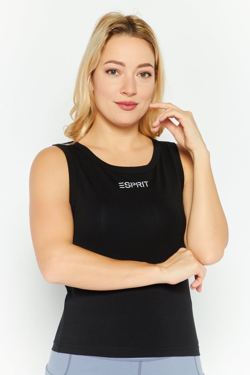 ESPRIT Women Round Neck Sleeveless Brand Logo Tank Top, Black - Image 1