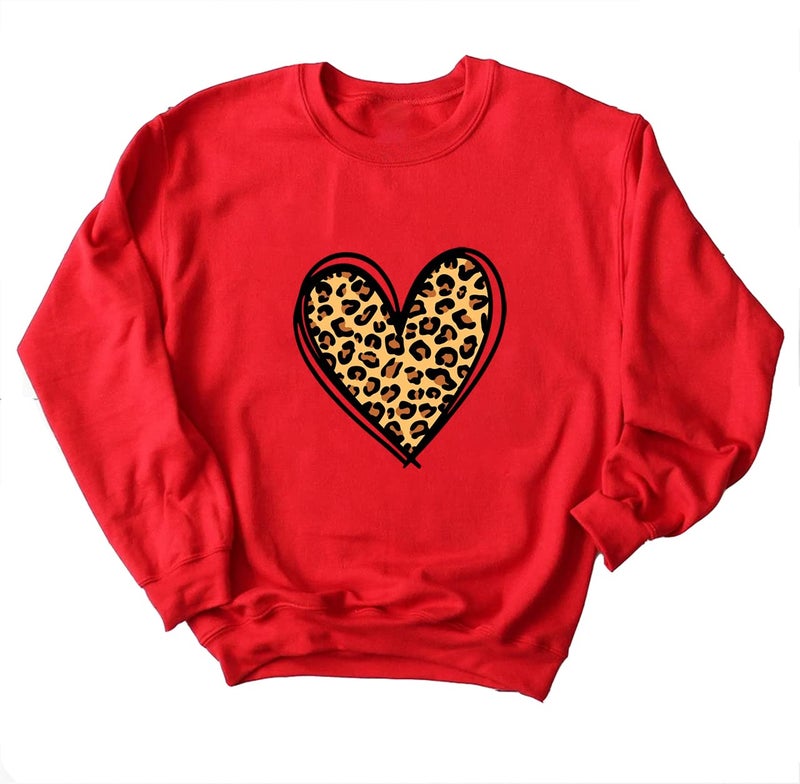 Yimoya Valentines Sweatshirt Womens Cute Leopard Love Heart Valentines' Shirt Gift Teacher Valentine Sweatshirts (B-Red, L)