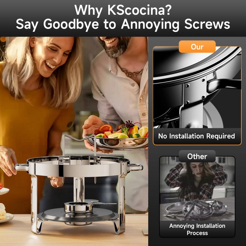 KScocina أطباق شافينغ للبوفية، 4 عبوات سعة 5QT مجموعة أطباق شافينغ دائرية من الفولاذ المقاوم للصدأ للحفلات المنزلية، تجمعات عيد الميلاد، فعاليات تقديم الطعام مجموعة كاملة من سخانات البوفية (فضي 2) - Image 4