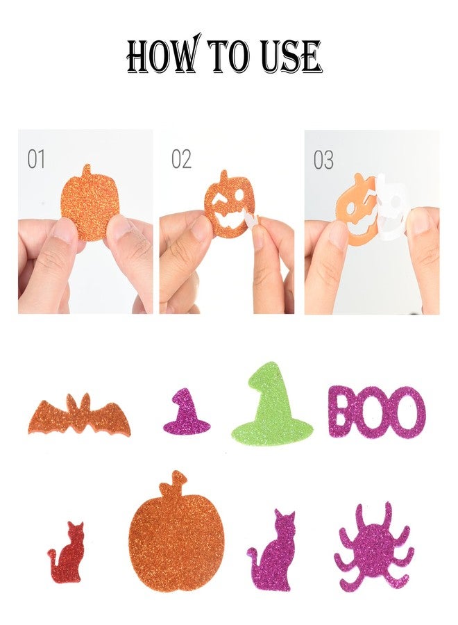 cnomg 100 Pcs Halloween Foam Stickers Glitter Self-Adhesive Pumpkins Ghost Bats Monster Witch Hat Stickers for Halloween Party Favor Supplies - Image 3