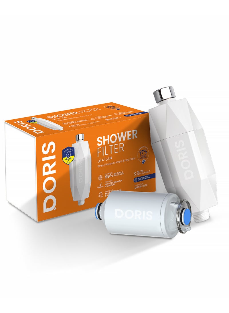 دوريس فلتر دش بفيتامين C – يزيل 97٪ من الكلور والمعادن الثقيلة، يقضي على 99٪ من البكتيريا، يحمي البشرة من الجفاف والتهيج، يقلل تساقط الشعر والقشرة – تركيب عالمي، سهل التركيب - Image 1