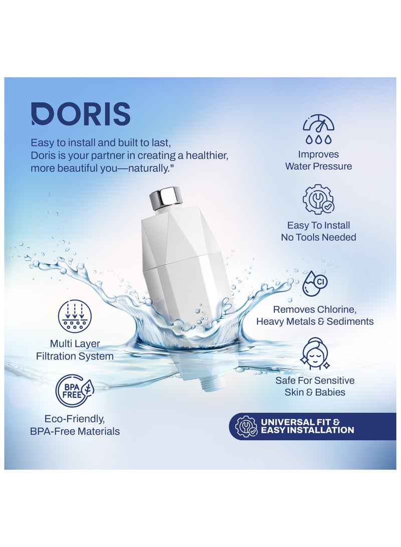 دوريس فلتر دش بفيتامين C – يزيل 97٪ من الكلور والمعادن الثقيلة، يقضي على 99٪ من البكتيريا، يحمي البشرة من الجفاف والتهيج، يقلل تساقط الشعر والقشرة – تركيب عالمي، سهل التركيب - Image 2