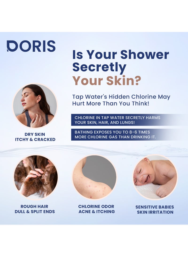 دوريس فلتر دش بفيتامين C – يزيل 97٪ من الكلور والمعادن الثقيلة، يقضي على 99٪ من البكتيريا، يحمي البشرة من الجفاف والتهيج، يقلل تساقط الشعر والقشرة – تركيب عالمي، سهل التركيب - Image 3
