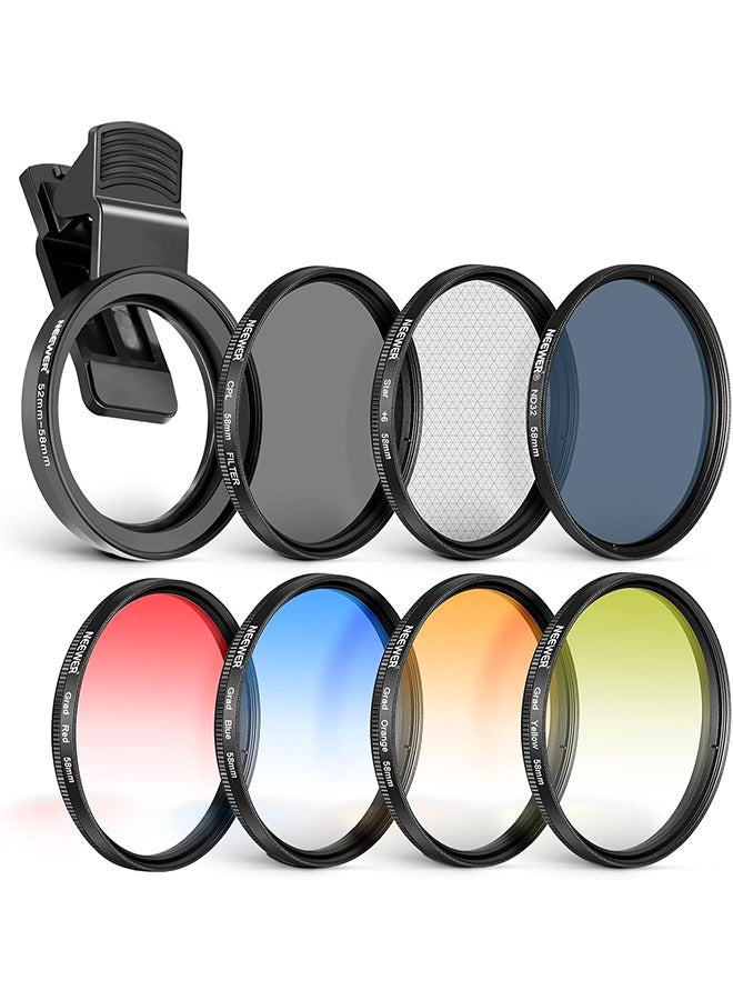 NEEWER 58 mm Lens Filter Kit with Mobile Phone Lens Clip, CPL, ND32, 6 Point Star Filter, Graduated Filter (4 Colours), Compatible with iPhone 15 14 Pro Max 13 12 11  Canon Nikon Sony Cameras - Image 1