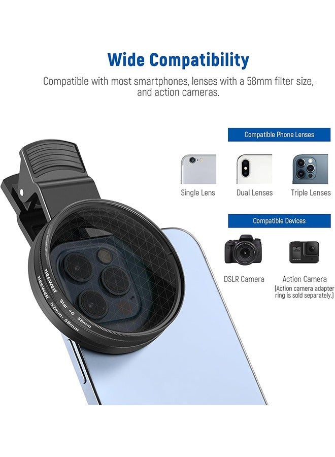 NEEWER 58 mm Lens Filter Kit with Mobile Phone Lens Clip, CPL, ND32, 6 Point Star Filter, Graduated Filter (4 Colours), Compatible with iPhone 15 14 Pro Max 13 12 11  Canon Nikon Sony Cameras - Image 5