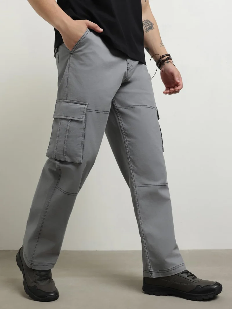 NOBERO NOBERO Men's Grey Straight Fit Cargo Pants