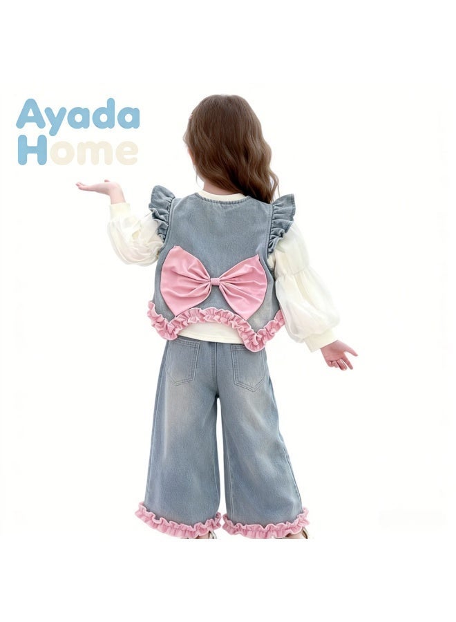 Ayada Home Girls 3-Piece Denim Outfit, Ruffle Trim Vest + Puff Sleeve Top + Ruffle Pants - Image 3