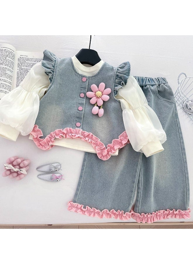 Ayada Home Girls 3-Piece Denim Outfit, Ruffle Trim Vest + Puff Sleeve Top + Ruffle Pants - Image 5