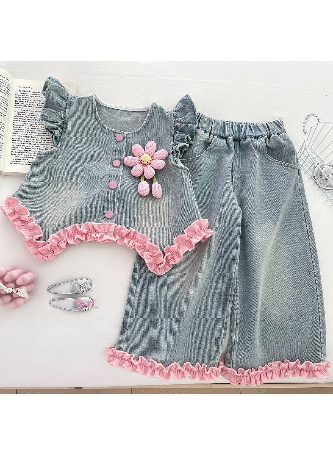 Ayada Home Girls 3-Piece Denim Outfit, Ruffle Trim Vest + Puff Sleeve Top + Ruffle Pants - Image 4