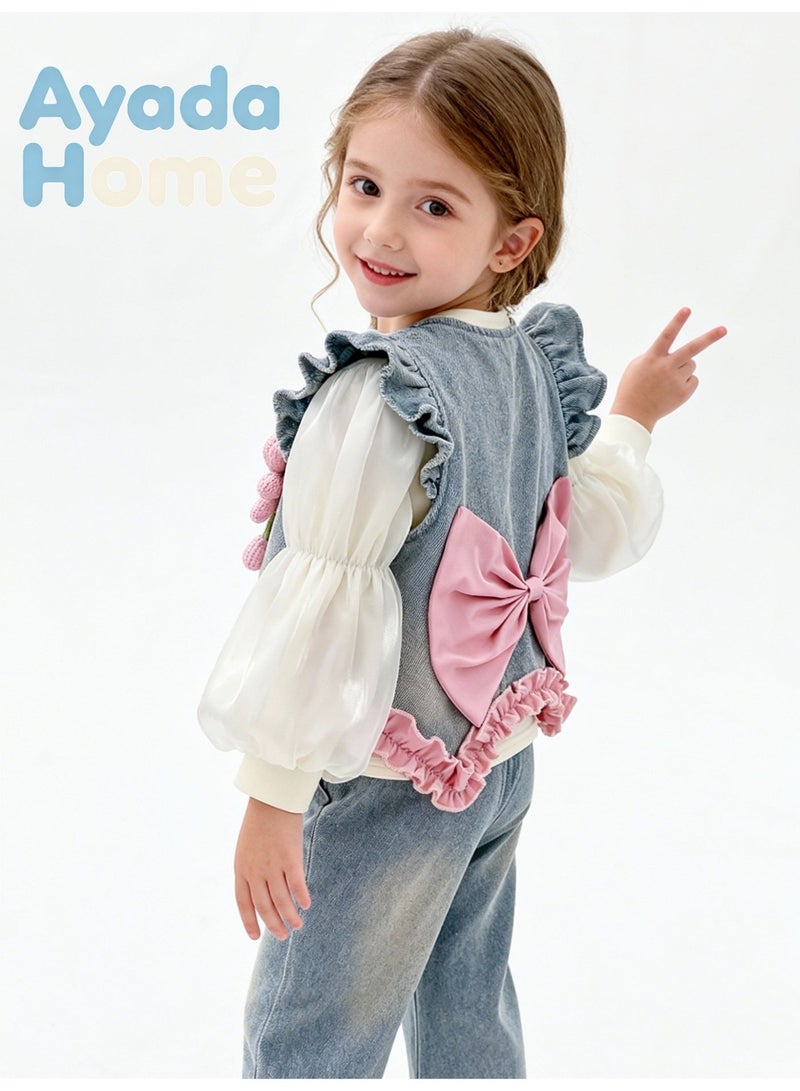 Ayada Home Girls 3-Piece Denim Outfit, Ruffle Trim Vest + Puff Sleeve Top + Ruffle Pants - Image 2