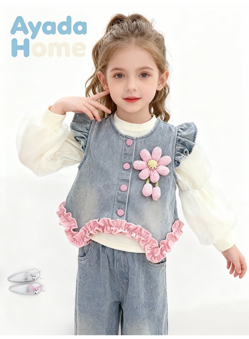 Ayada Home Girls 3-Piece Denim Outfit, Ruffle Trim Vest + Puff Sleeve Top + Ruffle Pants - Image 1