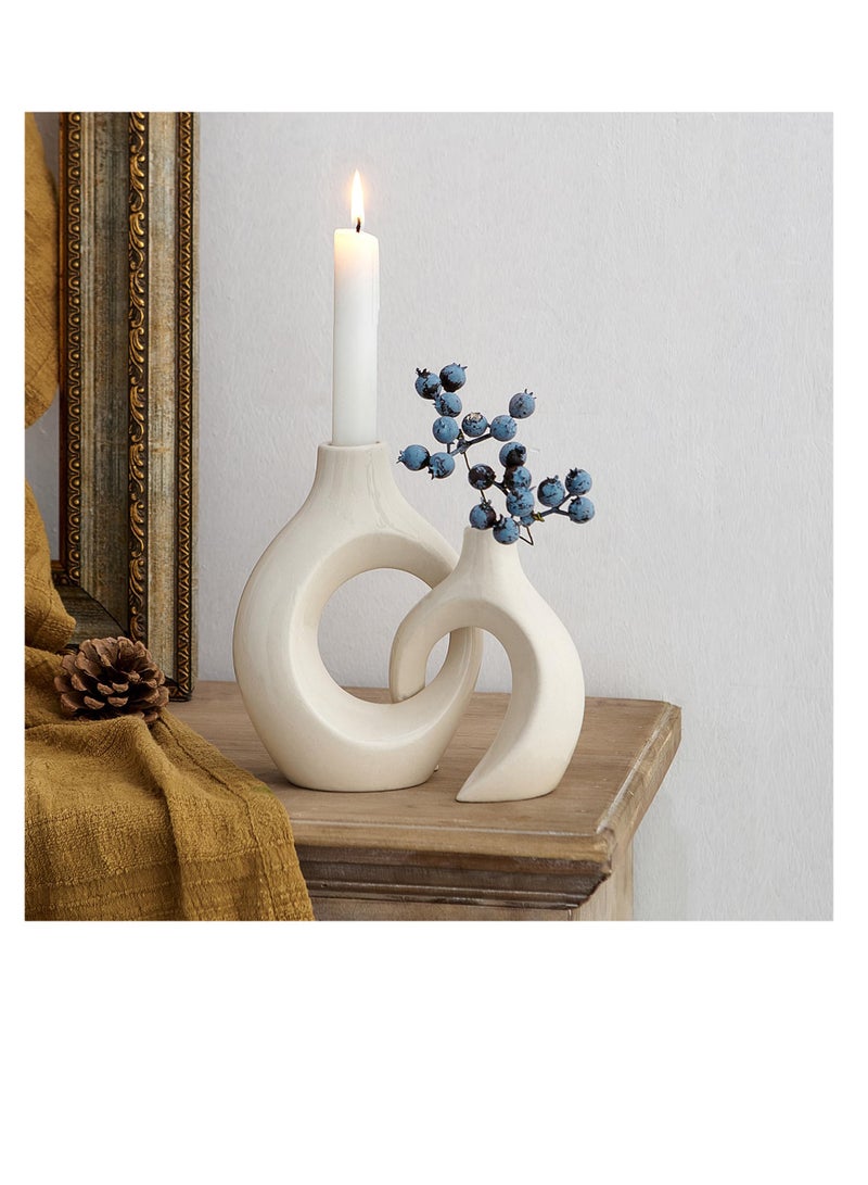 Excefore White Ceramic Candle Holder, Taper Candle Holder, Modern Candle Holder, Decorative Candle Stick, Candle Holder Decor for Table, Minimalist Candle Holders for Living Room, Lvory - Image 1