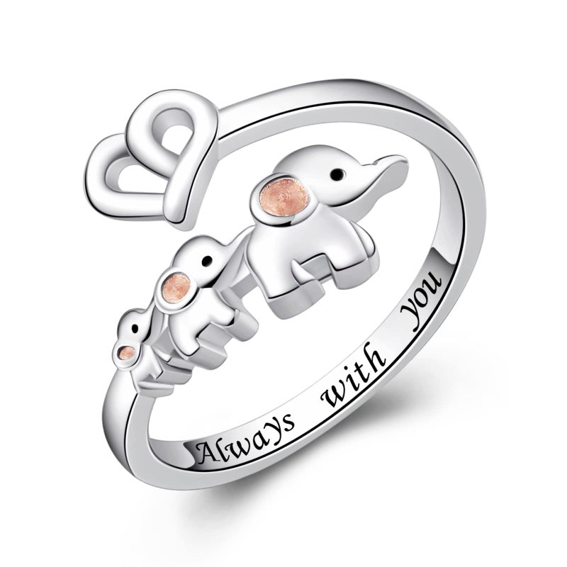 ACJNA 925 Sterling Silver Elephant Ring Mother Daughter Open Love Ring Rose Gold Heart Finger Adjustable Engraved Rings Jewelry for Women Wife Mom Nana Gifts - Image 1