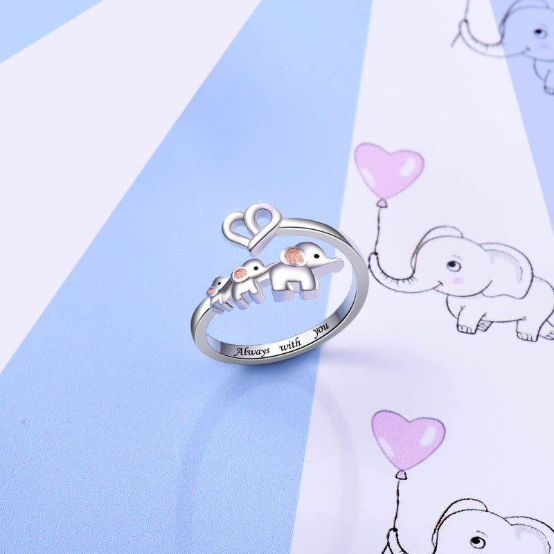ACJNA 925 Sterling Silver Elephant Ring Mother Daughter Open Love Ring Rose Gold Heart Finger Adjustable Engraved Rings Jewelry for Women Wife Mom Nana Gifts - Image 2