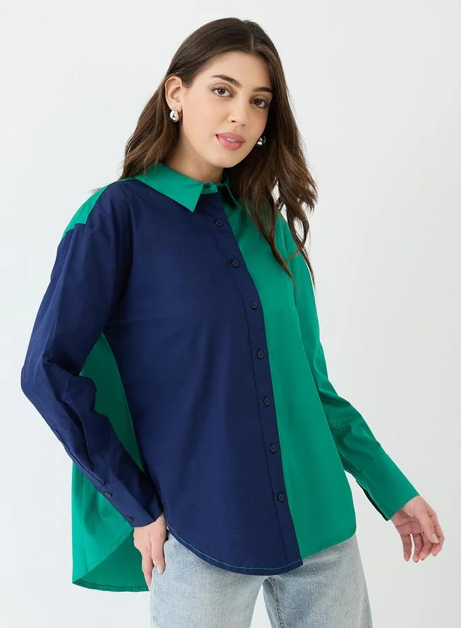 globus Globus Green Color Block Cotton Oversized Shirt