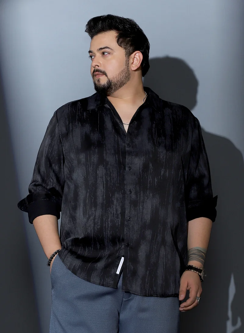 Instafab Plus Instafab Plus Men Gleaming-Grazed Satin Shirt | Spread Collar , Long Cuffed Sleeves | Button Closure , Curved Hem | Abstract Print Plain | Woven Fabric For Party & Evening Wear | Midnight Black