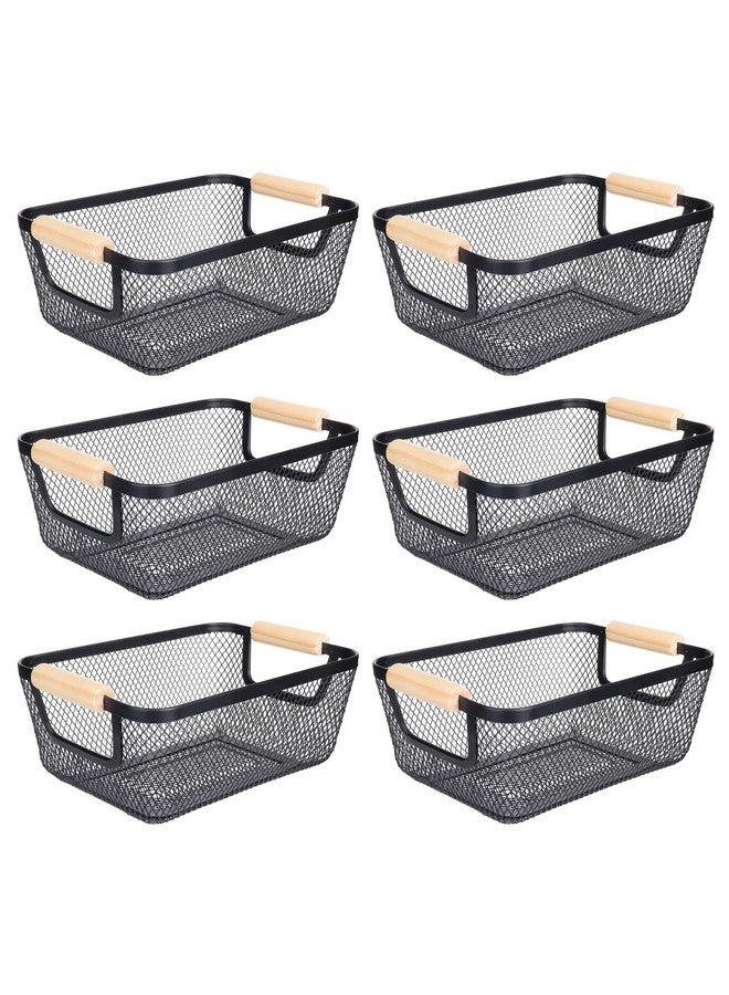 Dualshine 6Pack Black Wire Basket with Wooden Handle,Storage Bins for Pantry,Metal Mesh Basket for Kitchen Organization,Snack Basket Organizer for Home Cabinet Closet Bathroom Fridge Fruit Makeup and Office - Image 1