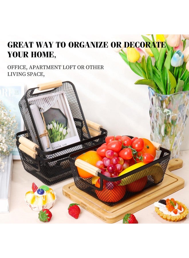 Dualshine 6Pack Black Wire Basket with Wooden Handle,Storage Bins for Pantry,Metal Mesh Basket for Kitchen Organization,Snack Basket Organizer for Home Cabinet Closet Bathroom Fridge Fruit Makeup and Office - Image 3