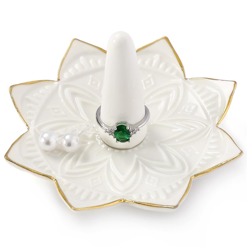 Maxsirui Ceramic Ring Holder for Jewelry,White Mandala Ring Dish Jewelry Dish Jewelry Holder,Room Decor,Engagement Wedding Birthday Gifts for Couples Women Girls - Image 1