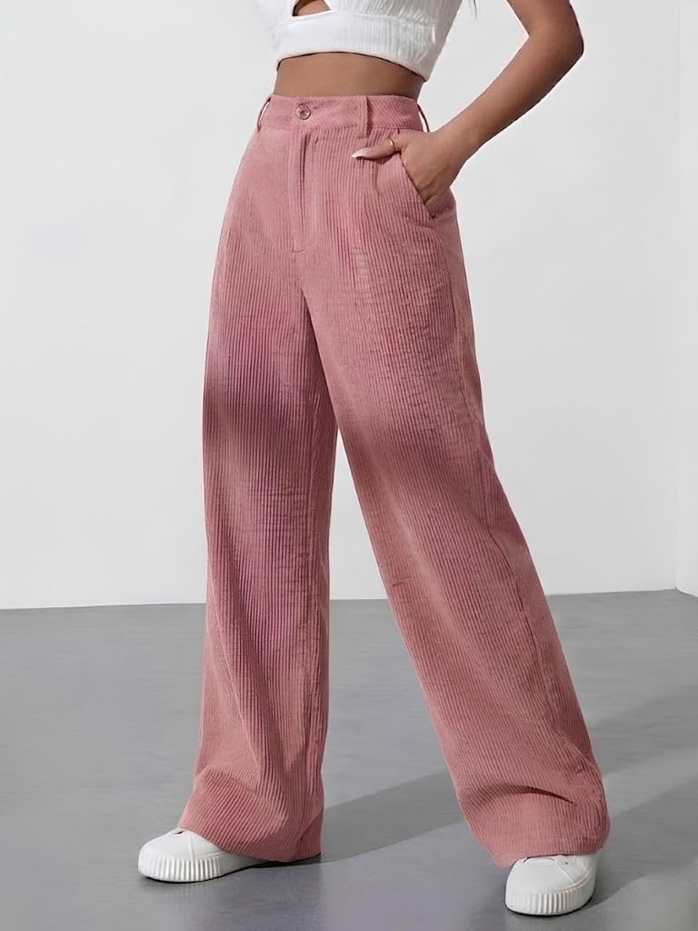 SMOWKLY Women's Corduroy Mid Rise Wide Leg Sweatpant with Pocket || Loose & Relaxed Fit Casual Korean Baggy Trousers for Woman Elegant Workwear for Office, College & Events(1678_PCH_S) Peach - Image 2