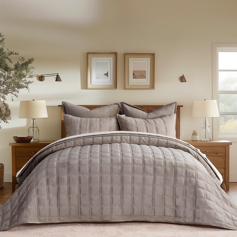 EVERGRACEHOME EVERGRACE 3 Pieces Luxurious Velvet Quilt King Size, Ultra Soft Bedspread Coverlet Set, Double Box Stitch Lightweight Velvet Comforter for All Season with 2 Shams, Truffle Taupe, 108"x96" - Image 1