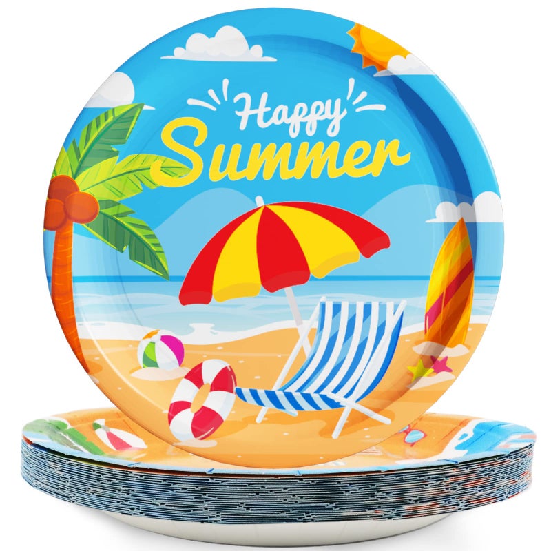 Wiooffen 48 Pcs Summer Beach Party Plates Birthday Party Disposable Paper Dessert Plates Supplies Decorations Beach Theme Plates Tableware for Birthday Baby Shower