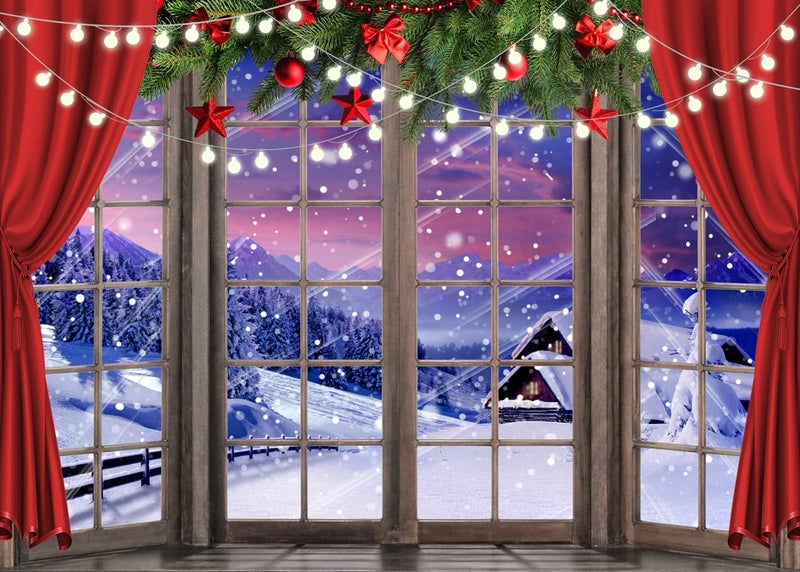 LYCGS 10X8FT Christmas Backdrop Xmas Window Photography Backdrop Winter Dream Wonderland Snow Tree Red Curtain Christma Photo Backdrop Studio Props Banner X67