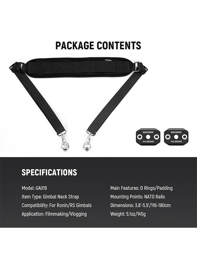 RS4 RS3 Neck Strap with Two NATO Rails  1/4 D Rings for DJI RS4 RS4 Pro RS3 Pro RS2 RSC2 Ronin SC Gimbal Stabilizer, 5.9ft/180cm Length Adjustable Weight Reducing Shoulder Strap, GA019