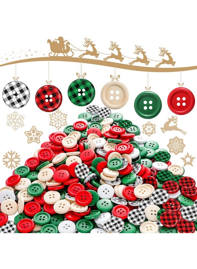 Luinabio 300 Pieces Christmas Buffalo Plaid Wood Buttons 4 Holes Black Red Wooden Buttons Gingham Craft Buttons Round Decorative Buttons For Diy Sewing Christmas Stocking Decor 0.79 Inch 6 Style - Image 1