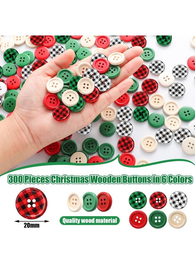 Luinabio 300 Pieces Christmas Buffalo Plaid Wood Buttons 4 Holes Black Red Wooden Buttons Gingham Craft Buttons Round Decorative Buttons For Diy Sewing Christmas Stocking Decor 0.79 Inch 6 Style - Image 2