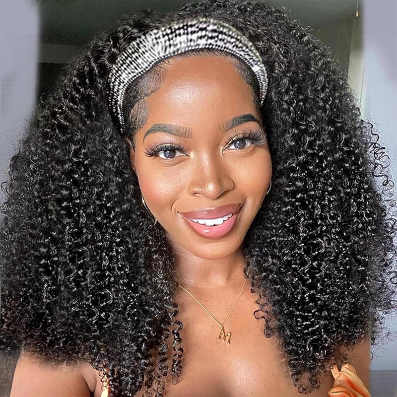 Aiterina Kinky Curly Headband Wig Human Hair Glueless Wigs Human Hair Curly for Black Women None Lace Front Brazilian Virgin Human Hair Wigs Curly Headband Wig 150 Density Natural Color 18 inch