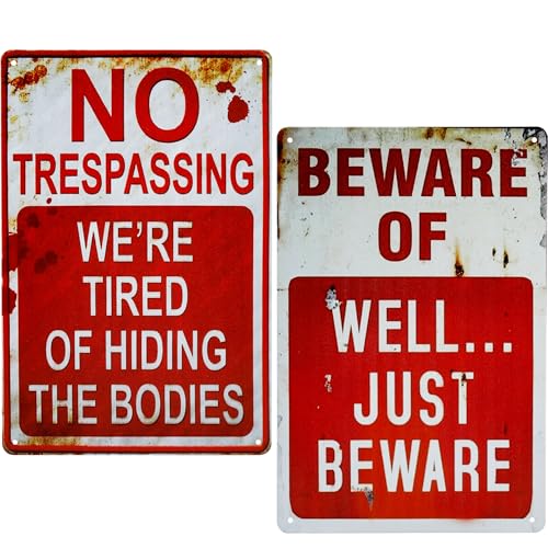 Wonderwin 2 Pack Retro Metal Signs Decorations, 8” x 12” Indoor Outdoor Vintage Bar Decor Yard Signs, Beware of Well Just Beware & No Trespassing - Image 1