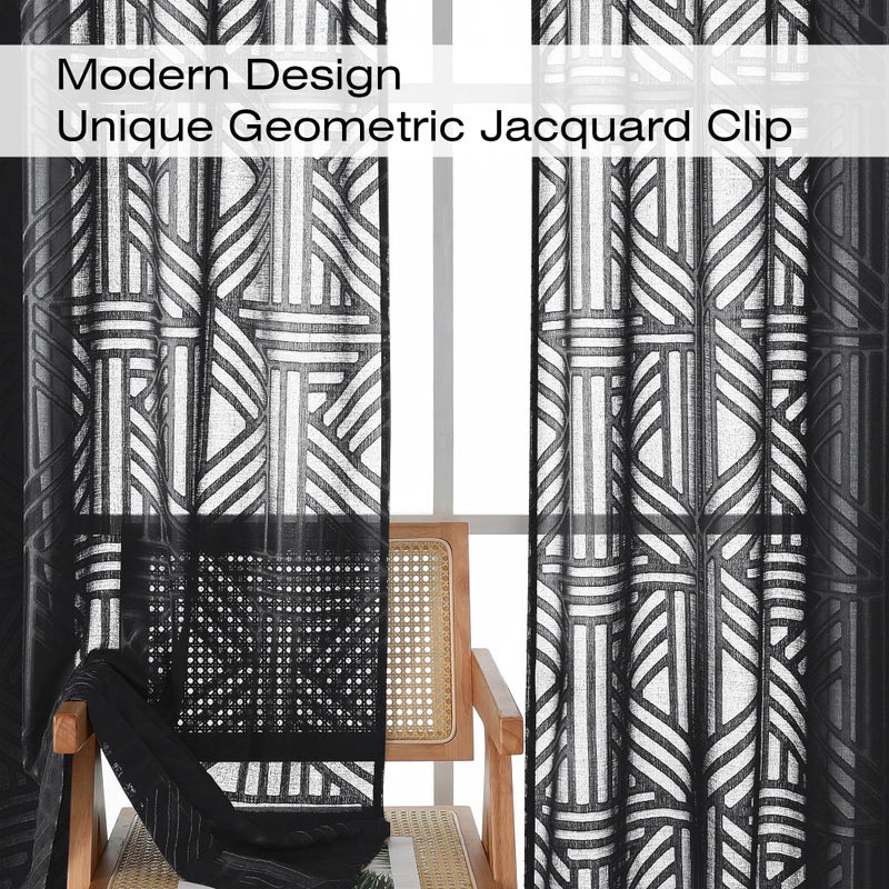 Simplebrand Black Semi Sheer Curtains 63 Inch Length 2 Panels, Light Filtering Geometric Jacquard Clip Textured Short Sheer Curtains for Bedroomï¼ŒModern Elegant Window Curtains Drapesï¼Œ42x63 inch - Image 3