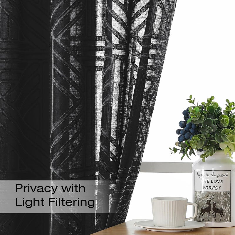 Simplebrand Black Semi Sheer Curtains 63 Inch Length 2 Panels, Light Filtering Geometric Jacquard Clip Textured Short Sheer Curtains for Bedroomï¼ŒModern Elegant Window Curtains Drapesï¼Œ42x63 inch - Image 2