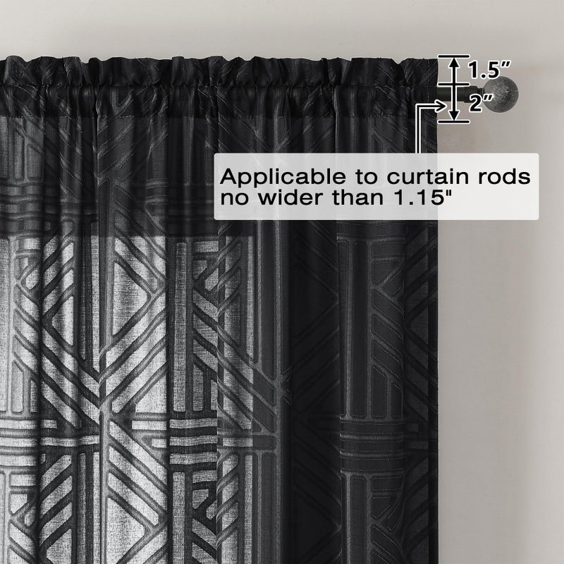 Simplebrand Black Semi Sheer Curtains 63 Inch Length 2 Panels, Light Filtering Geometric Jacquard Clip Textured Short Sheer Curtains for Bedroomï¼ŒModern Elegant Window Curtains Drapesï¼Œ42x63 inch - Image 4