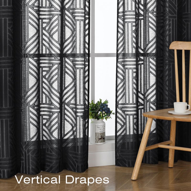 Simplebrand Black Semi Sheer Curtains 63 Inch Length 2 Panels, Light Filtering Geometric Jacquard Clip Textured Short Sheer Curtains for Bedroomï¼ŒModern Elegant Window Curtains Drapesï¼Œ42x63 inch - Image 5