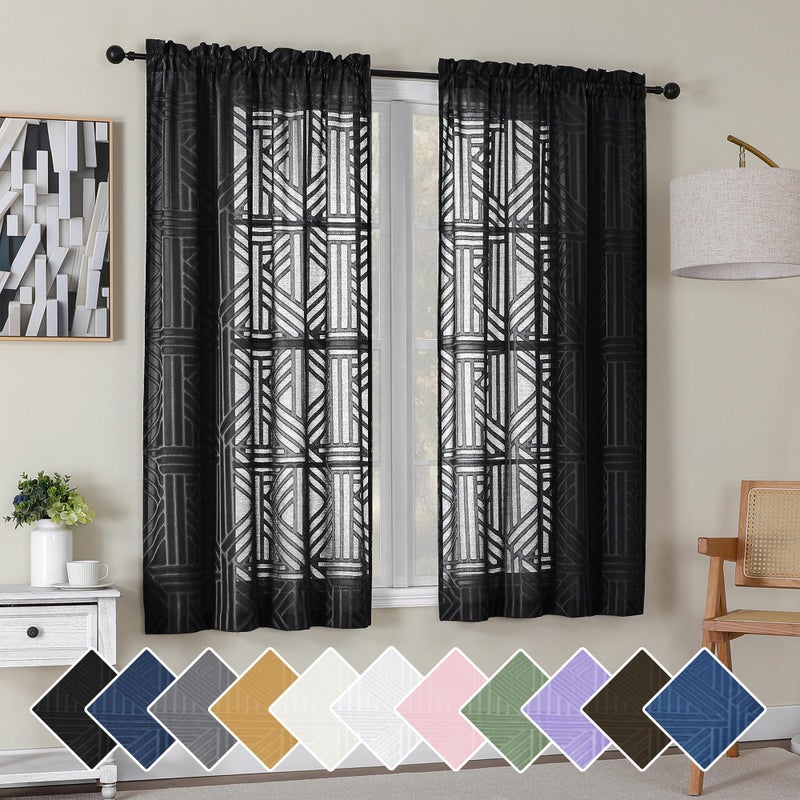 Simplebrand Black Semi Sheer Curtains 63 Inch Length 2 Panels, Light Filtering Geometric Jacquard Clip Textured Short Sheer Curtains for Bedroomï¼ŒModern Elegant Window Curtains Drapesï¼Œ42x63 inch - Image 1