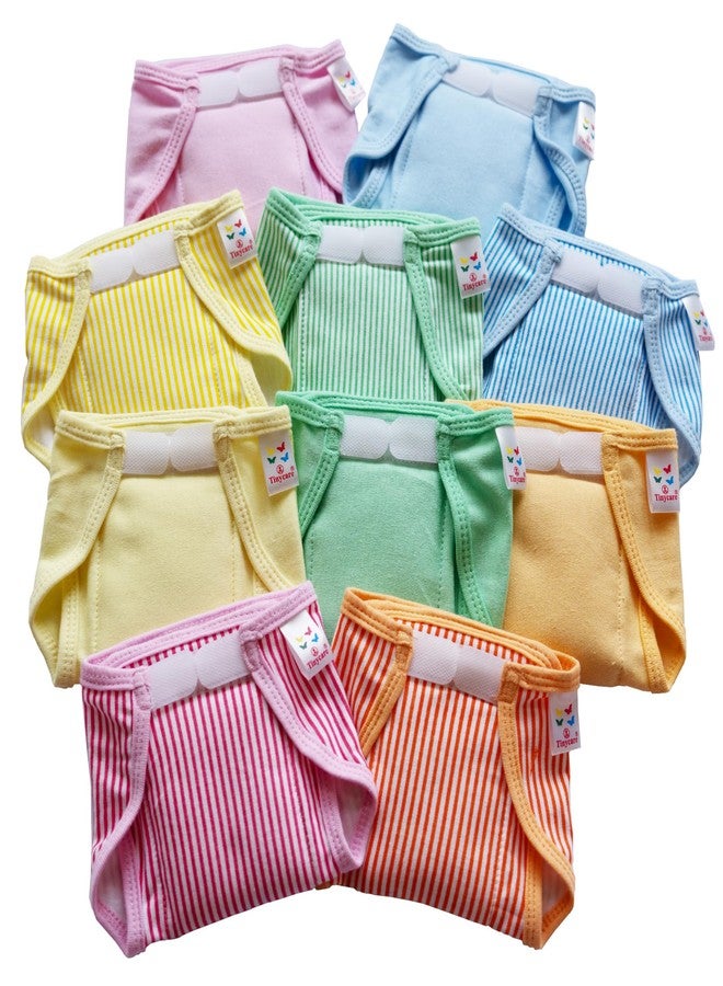 Tinycare New Born Baby's Cloth Nappies For Kids & Infants, Ultra Soft Knitted Striped Prints with Cushion comfort Velcro Langot/Nappy/Diapers (Pack of 10) Washable and Reusable-Size-M - Image 1