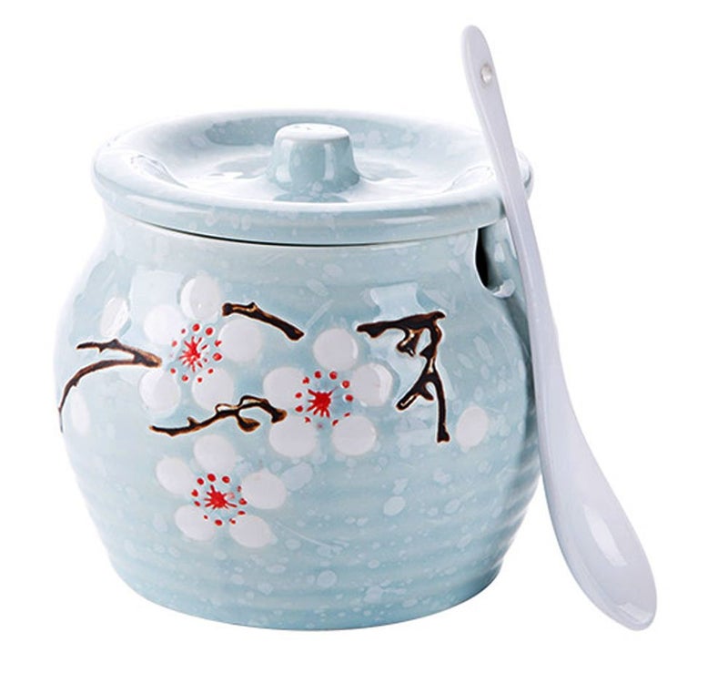 123Arts Ceramic Flower Sugar Bowl Seasoning Pot Salt Pepper Storage Jar with Lid And Spoon - Image 1