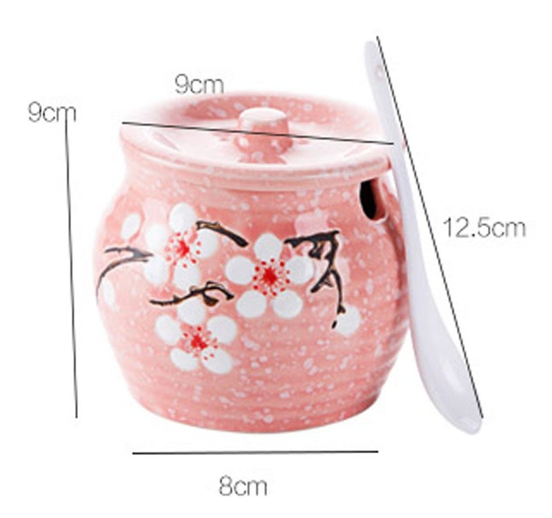 123Arts Ceramic Flower Sugar Bowl Seasoning Pot Salt Pepper Storage Jar with Lid And Spoon - Image 2